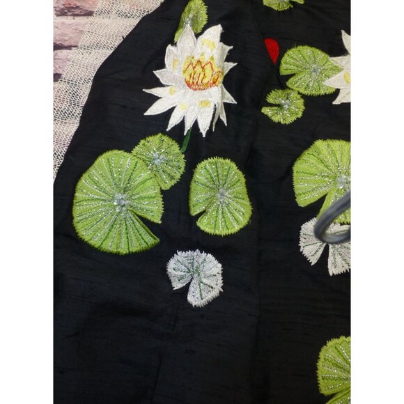 Handcrafted Tunic Nights Black Silk Jacket With Embroidered Lotus Flowers & Gree - Picture 10 of 11